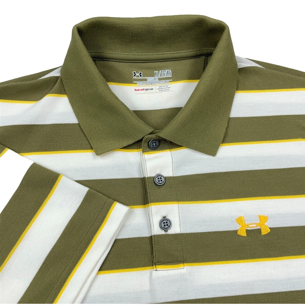 Under Armour Polo Shirt Men XL Olive Green Yellow Striped Regular Fit Heat Gear